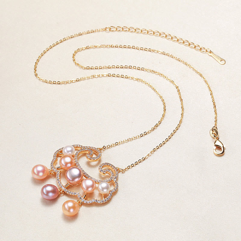 Fortune Jewel 18K Gold Plated Natural Pearl Chinese Lock Charm Sincerity Necklace Pendant