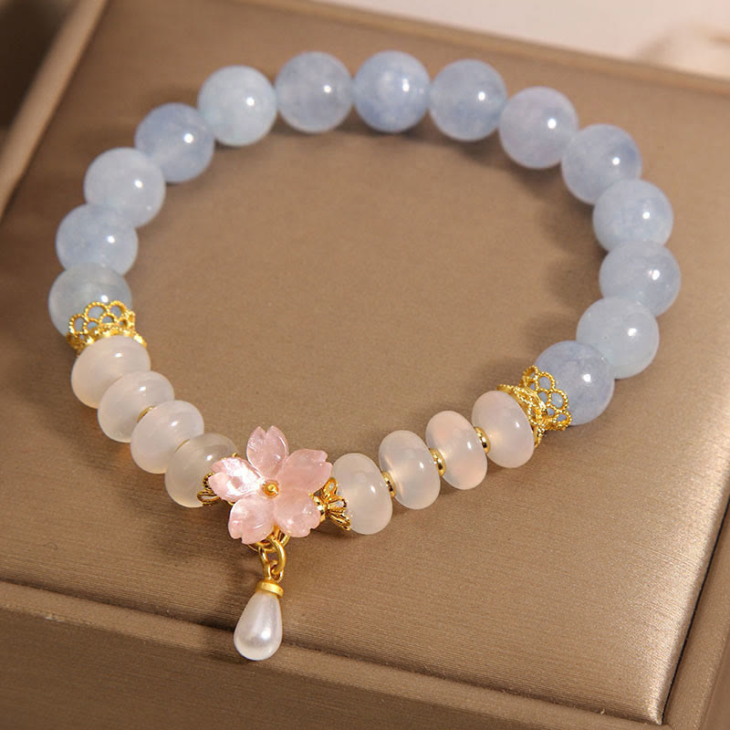 Fortune Jewel Aquamarine White Agate Pearl Abacus Beads Flower Healing Bracelet