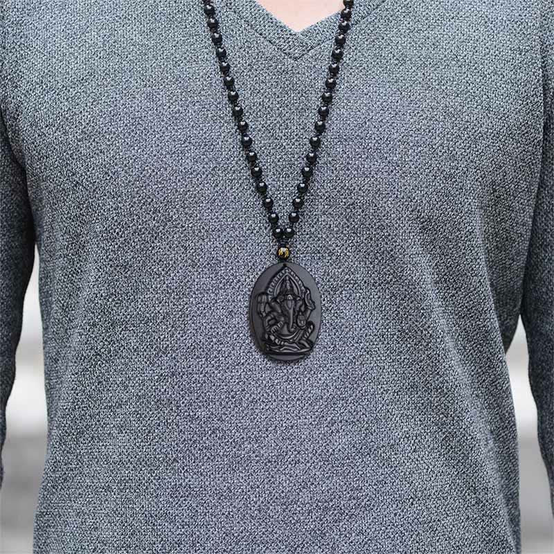 Fortune Jewel Tibetan Obsidian Ganesh Ganpati Elephant Wealth Amulet Necklace