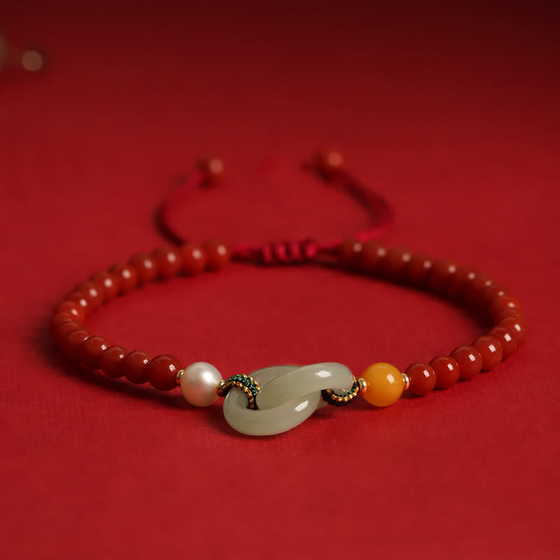Fortune Jewel Natural Red Agate Hetian Jade Double Peace Buckle Confidence Bracelet