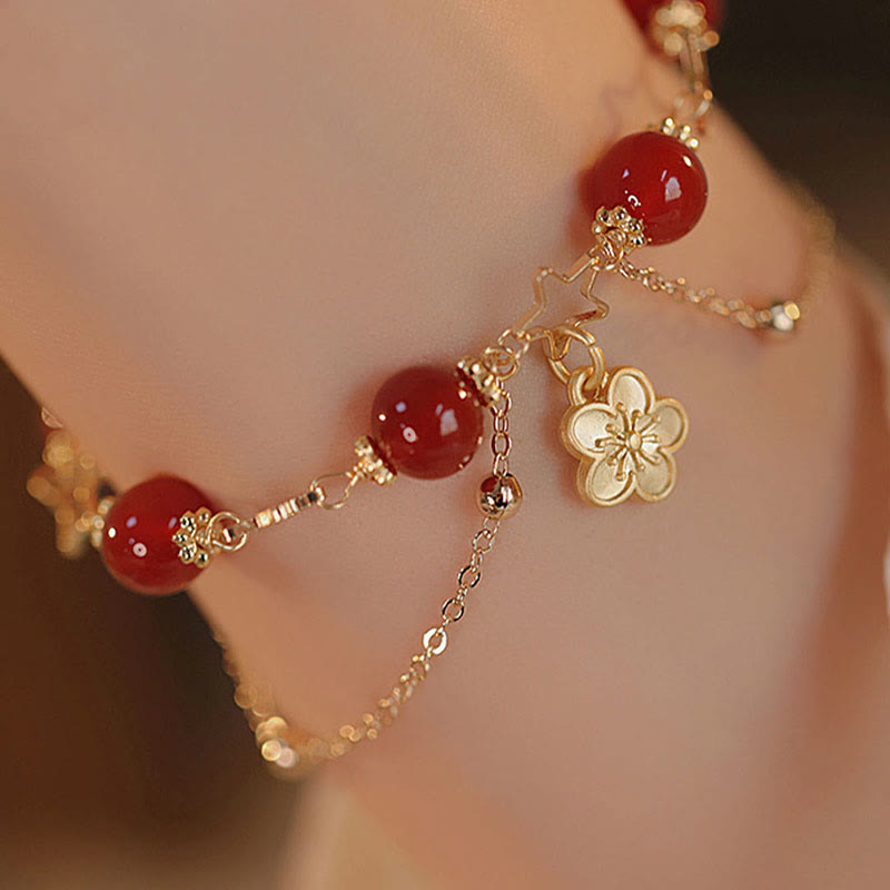 Fortune Jewel 14k Gold Plated Red Agate Star Flower Charm Calm Bracelet