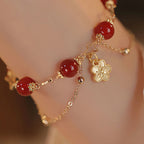 Fortune Jewel 14k Gold Plated Red Agate Star Flower Charm Calm Bracelet