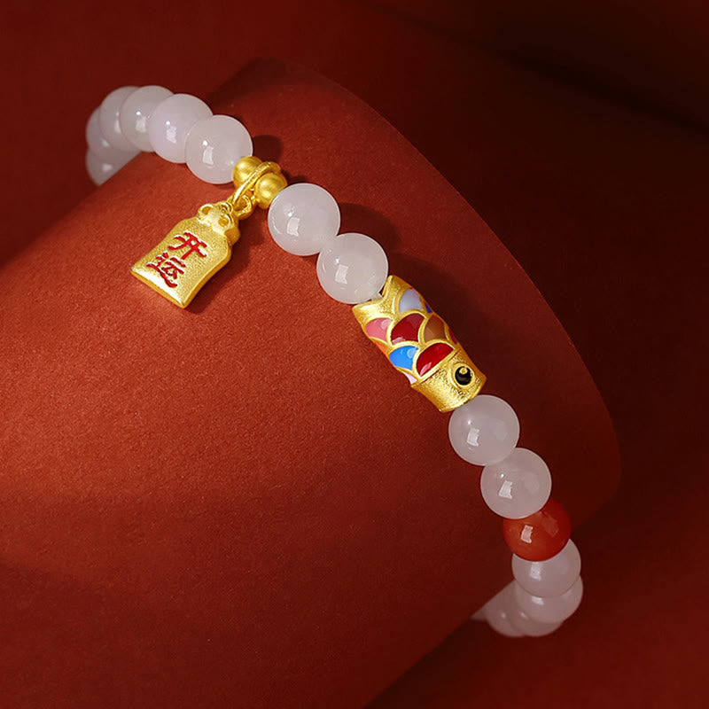 Fortune Jewel 925 Sterling Silver Hetian White Jade Red Agate Koi Fish Luck Happiness Bracelet