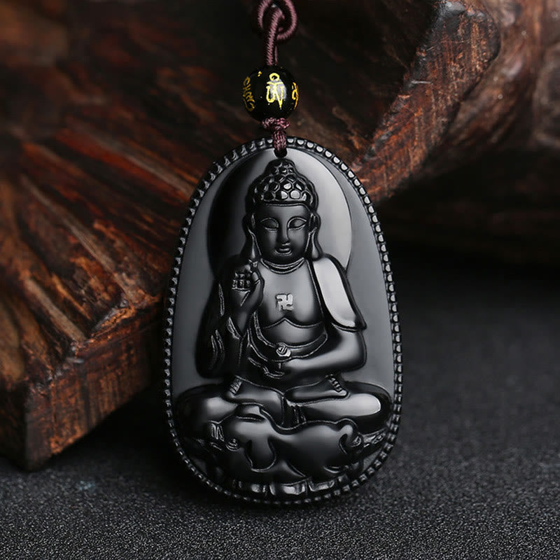 Fortune Jewel Chinese Zodiac Natal Buddha Natural Black Obsidian Purification Necklace Pendant