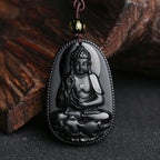 Fortune Jewel Chinese Zodiac Natal Buddha Natural Black Obsidian Purification Necklace Pendant