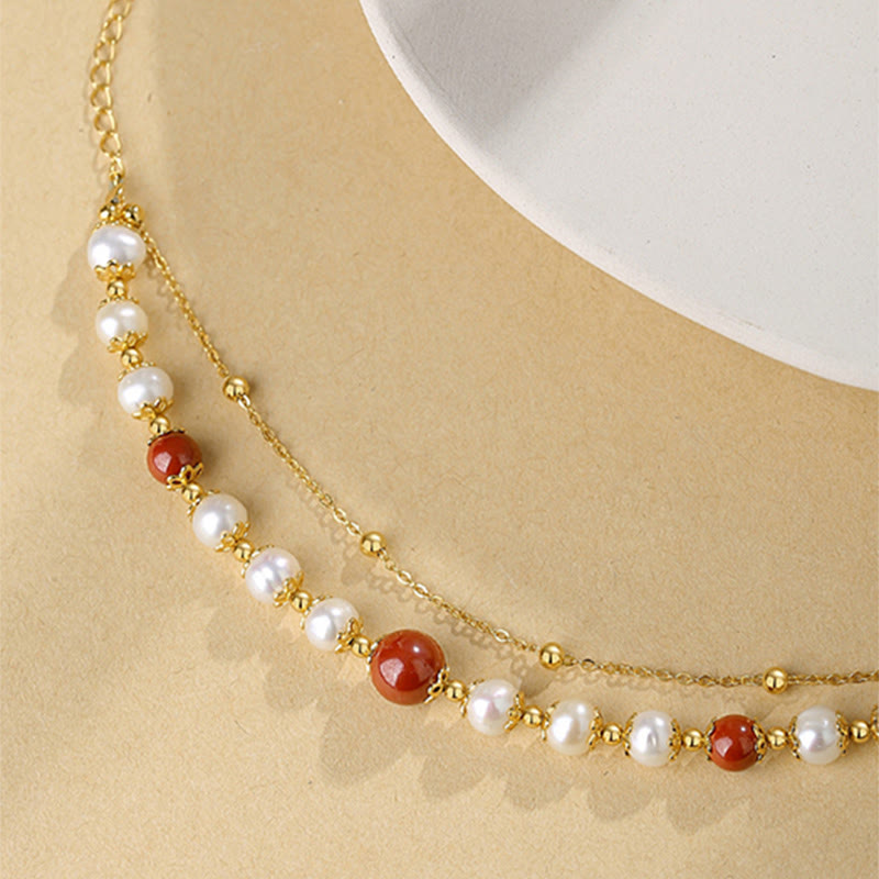 Fortune Jewel 925 Sterling Silver Pearl Cinnabar Wisdom Bead Double Layer Chain Bracelet