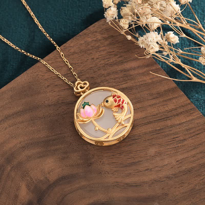 Fortune Jewel White Jade Koi Fish Lotus Blessing Necklace Pendant Fortune Jewel