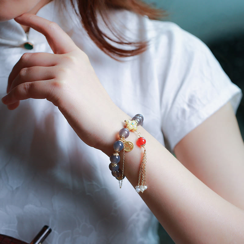 Fortune Jewel Natural Gray Agate Fu Character Pearl Tassel Balance Bracelet
