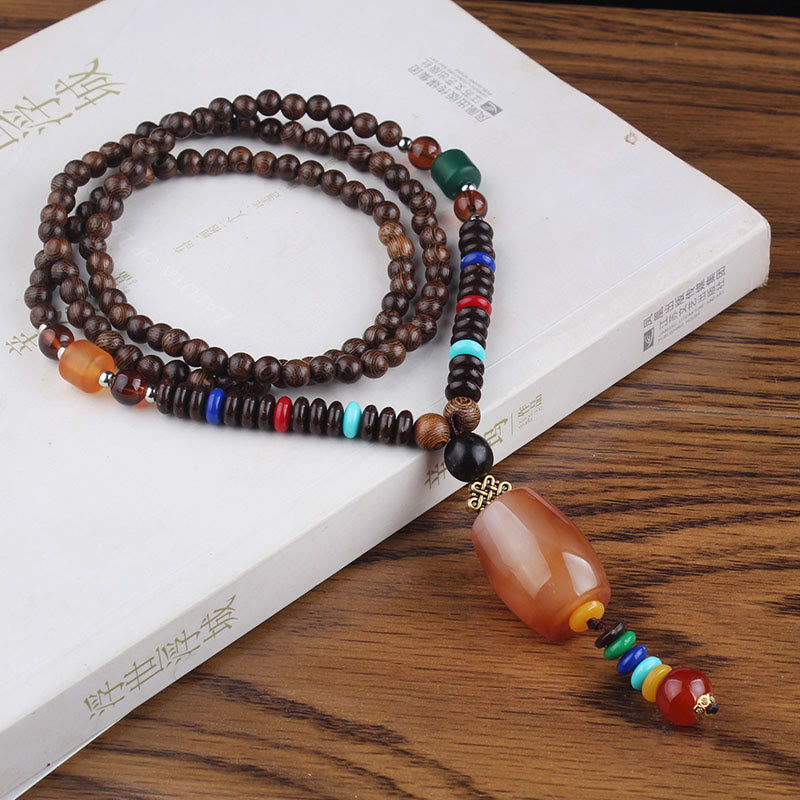 Fortune Jewel Tibetan Wenge Wood Bodhi Seed Agate Balance Peace Necklace Pendant