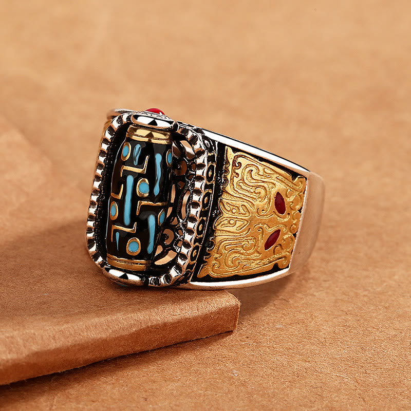 Fortune Jewel Tibetan Nine-Eye Dzi Bead Wealth Blessings Rotatable Ring