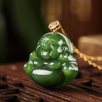 Fortune Jewel 925 Sterling Silver Laughing Buddha Hetian Cyan Jade 18K Gold Success Necklace Chain Pendant Fortune Jewel