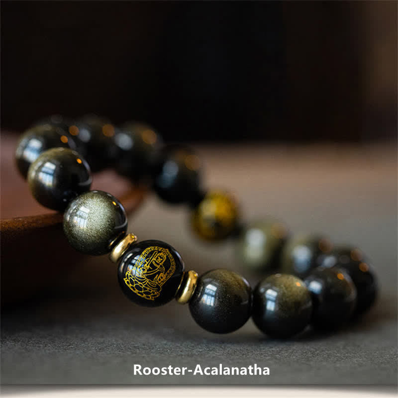 Fortune Jewel Chinese Zodiac Natal Buddha Gold Sheen Obsidian Wealth Protection Bracelet