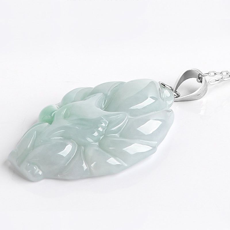 Fortune Jewel Natural Jade Nine Tailed Fox Prosperity Titanium Steel Chain Necklace Pendant