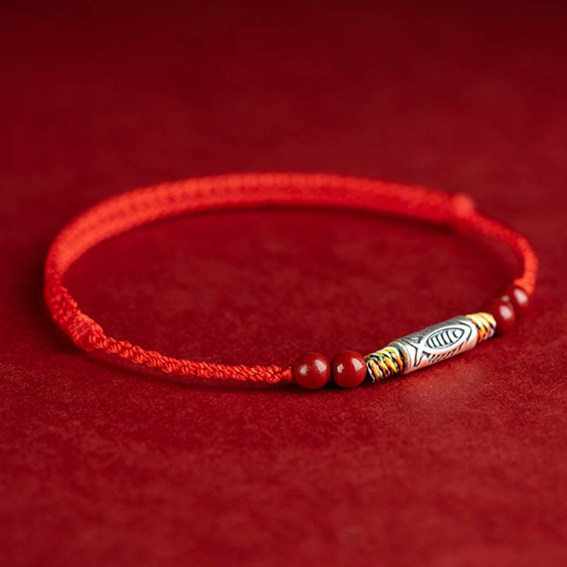 Fortune Jewel 925 Sterling Silver Koi Fish Cinnabar Bead Wealth Handcrafted Braided Bracelet Anklet