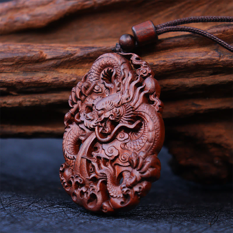 Fortune Jewel Lightning Struck Jujube Wood Double Dragon Relief Ward Off Evil Spirits Necklace Pendant