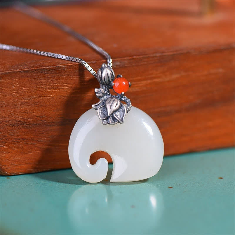 Fortune Jewel White Jade Elephant Lotus Protection Necklace Pendant Fortune Jewel