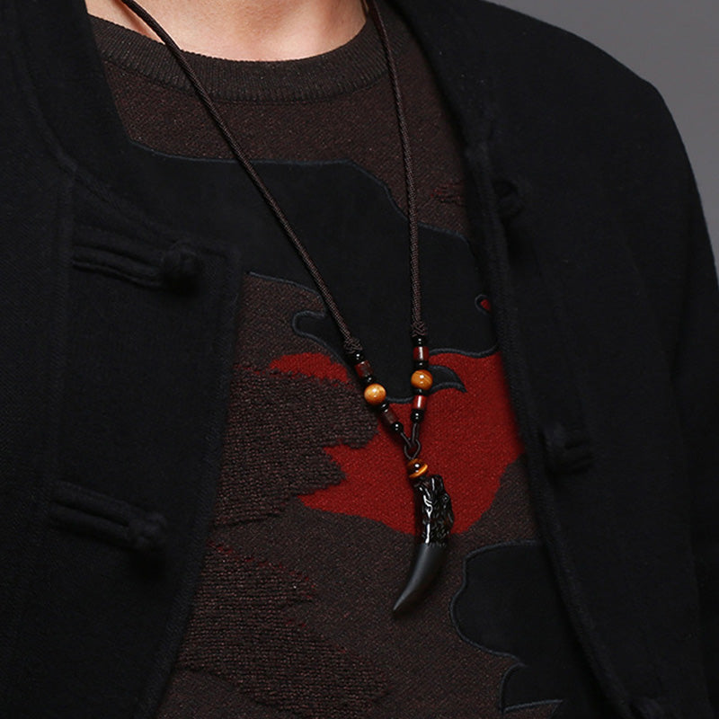 Fortune Jewel Natural Ice Obsidian Wolf Tooth Pattern Courage Necklace Pendant