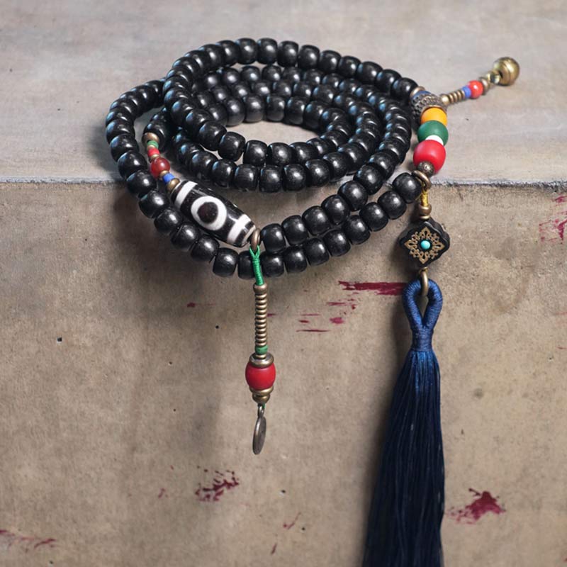 Fortune Jewel 108 Beads Mala Ebony Wood Dzi Bead Copper Balance Tassel Bracelet