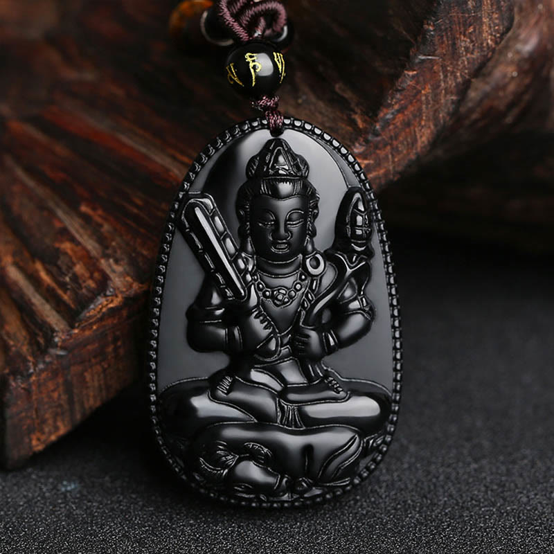 Fortune Jewel Chinese Zodiac Natal Buddha Natural Black Obsidian Purification Necklace Pendant