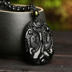 Fortune Jewel Black Obsidian Koi Fish Bead Rope Fulfilment Strength Necklace Pendant - Fortune Jewel