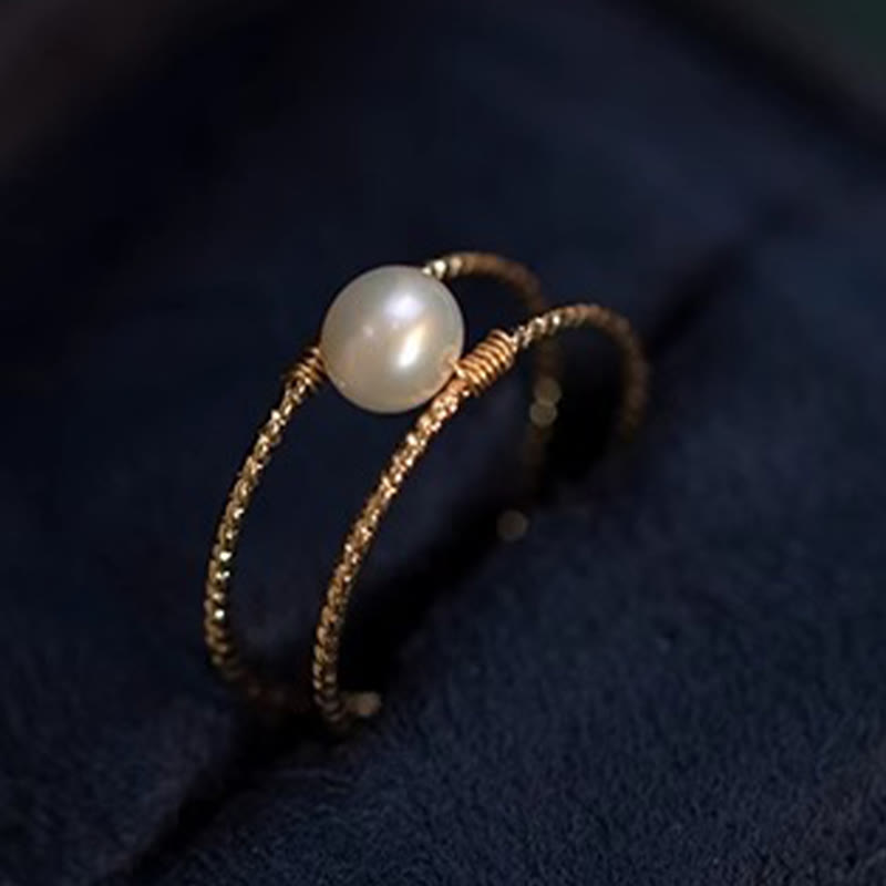 Fortune Jewel Round Jade Pearl Bead Double Layer Copper Luck Adjustable Ring
