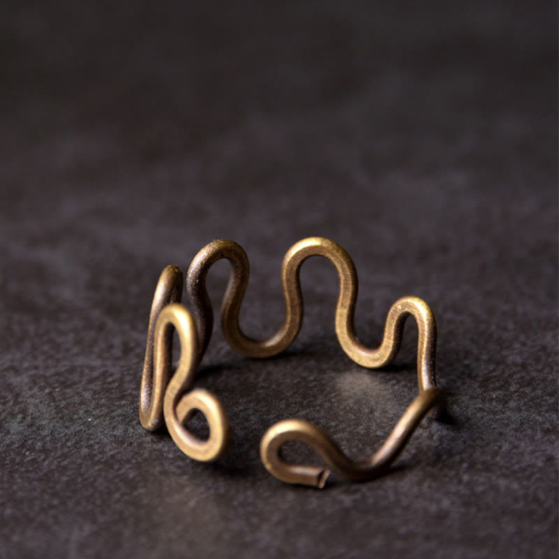 Fortune Jewel Simple Curved Brass Design Copper Luck Wealth Adjustable Ring