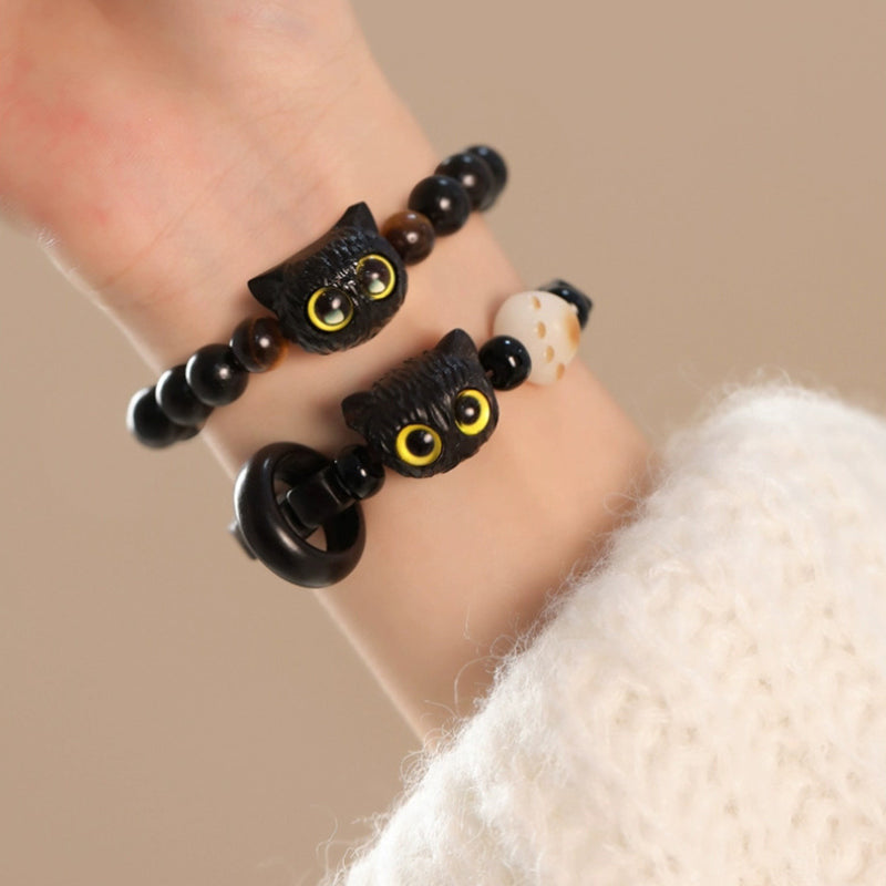 Fortune Jewel Cute Ebony Wood Cat Head Pattern Peace Bracelet