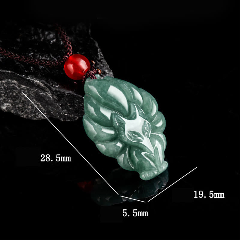 Fortune Jewel Natural Green Jade Nine Tailed Fox Luck Necklace Pendant