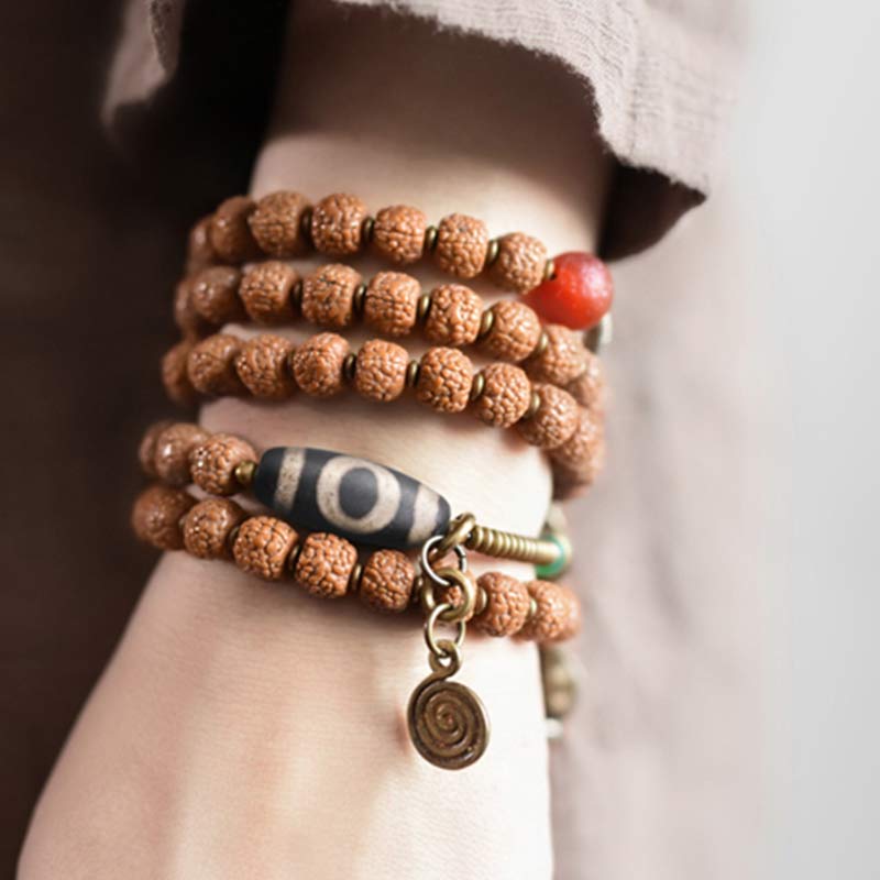 Fortune Jewel 108 Mala Rudraksha Beads Bodhi Seed Dzi Bead Luck Auspiciousness Tassel Bracelet