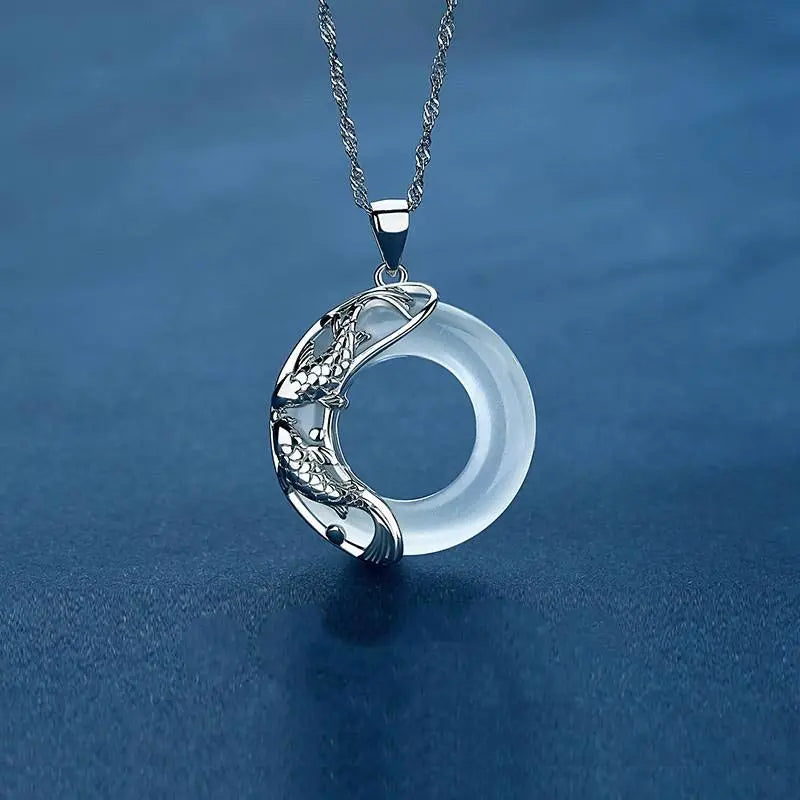 Buddha Stones "Wishing Luck and Prosperity" White Jade Koi Fish Necklace Includes Gift Message Card Fortune Jewel