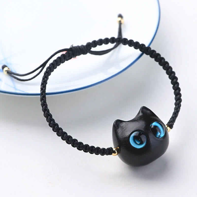 Fortune Jewel Small Leaf Red Sandalwood Ebony Wood Cute Cat Head Calm Protection Braided Bracelet