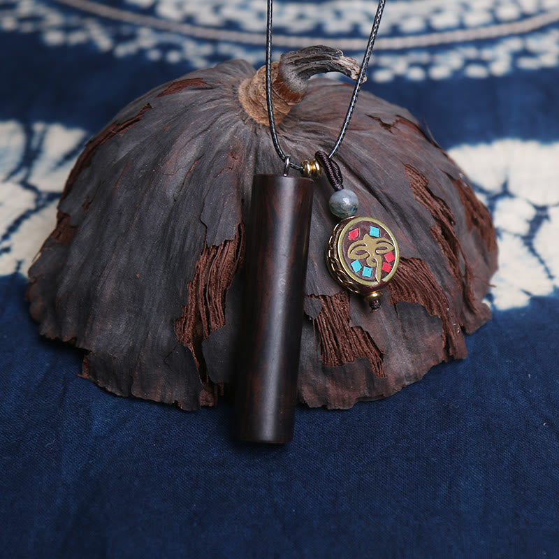 Fortune Jewel Tibetan Ebony Wood Dzi Bead Peace Calm Necklace Pendant