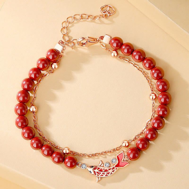 Fortune Jewel 925 Sterling Silver Lucky Koi Fish Cinnabar Zircon Prosperity Double Layer Chain Bracelet