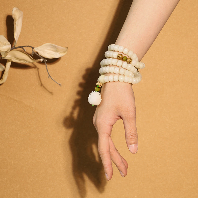 Fortune Jewel White Jade Bodhi Lotus Mala Harmony Necklace Bracelet