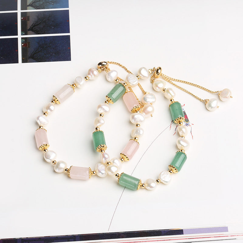 Fortune Jewel Green Aventurine Pearl Pink Crystal Bead Luck Bracelet