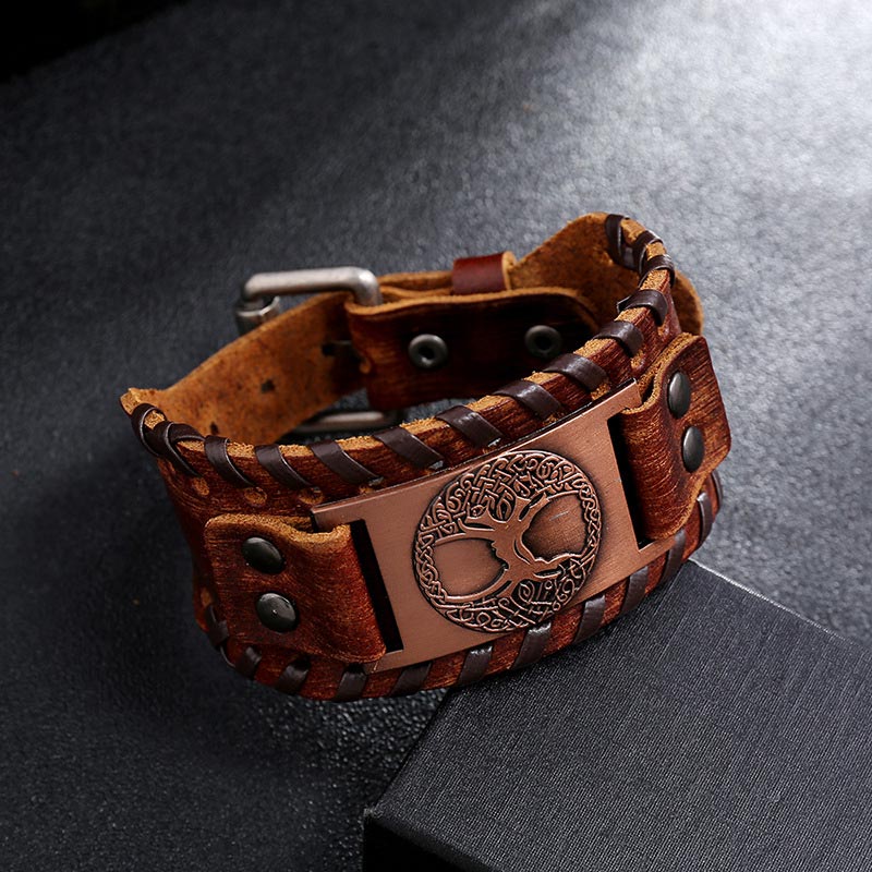 Fortune Jewel Lucky Tree Of Life Balance Leather Bracelet