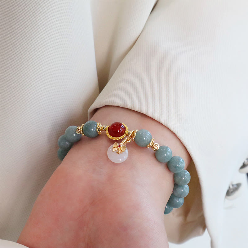 Fortune Jewel Natural Jade Red Agate Pearl Bow Tie Luck Bracelet