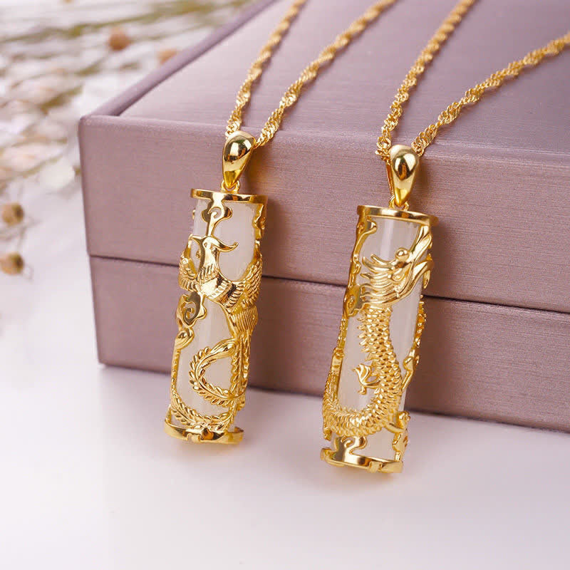 Fortune Jewel Jade Dragon Phoenix Copper Blessing Harmony Necklace Pendant Fortune Jewel