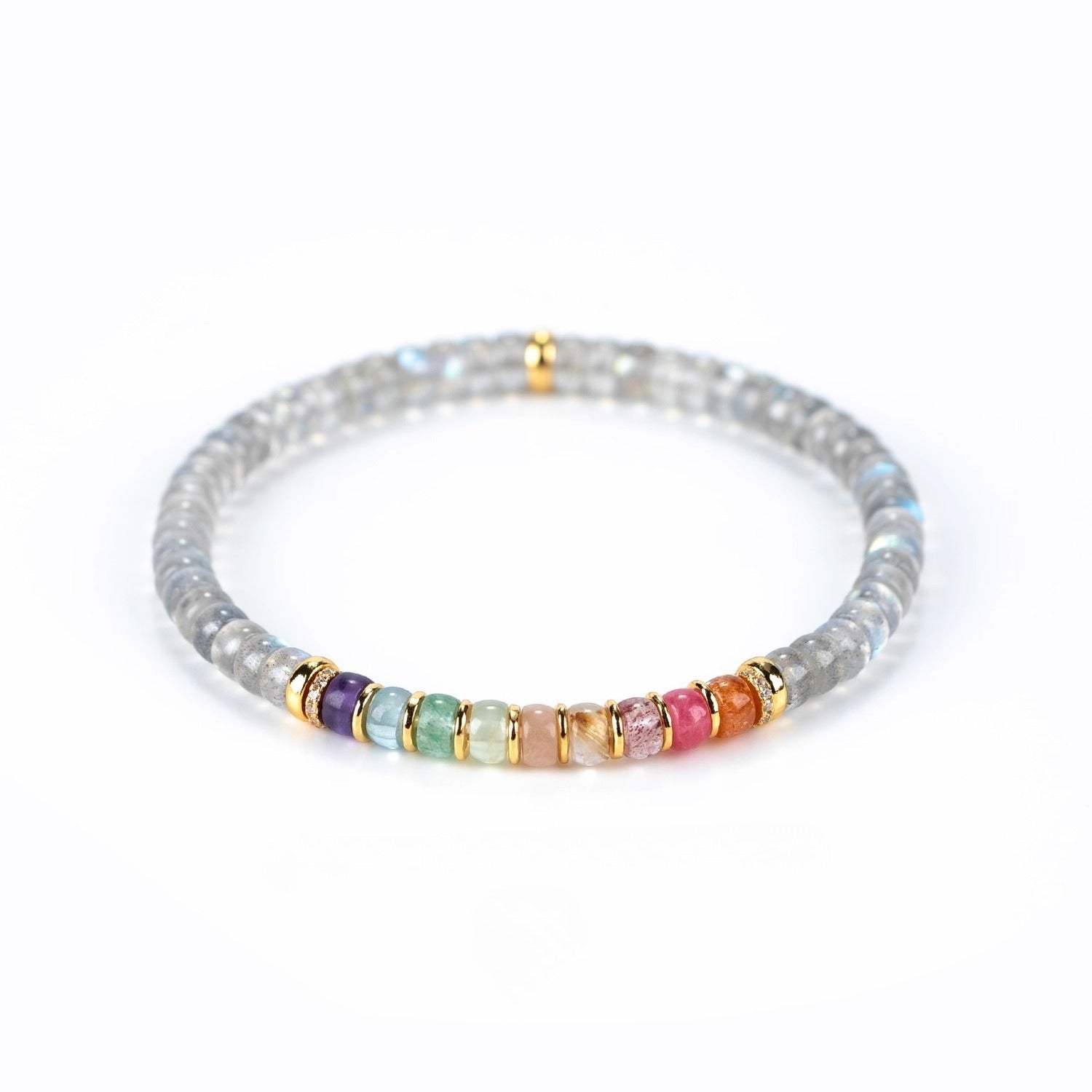 Unisex Natural Gray Moonstone Rainbow Labradorite Thin Slice Bracelet – 18K Gold Plated Silver Multi-Gemstone