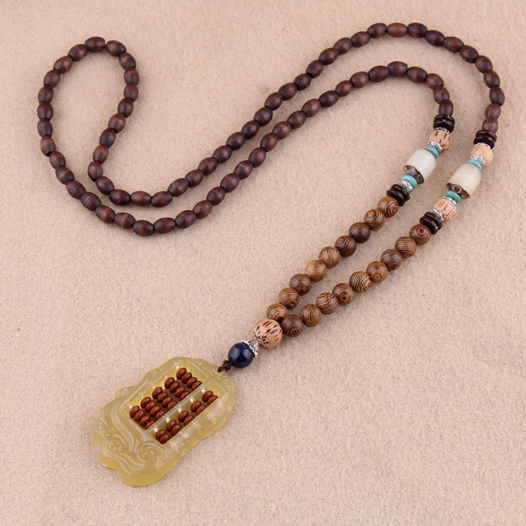 Fortune Jewel Tibetan Wenge Wood Bodhi Seed Agate Balance Peace Necklace Pendant