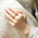 Fortune Jewel 14k Gold Plated Copper Fu Lu Shou Crystal Peach Moonstone Happiness Wealth Ring