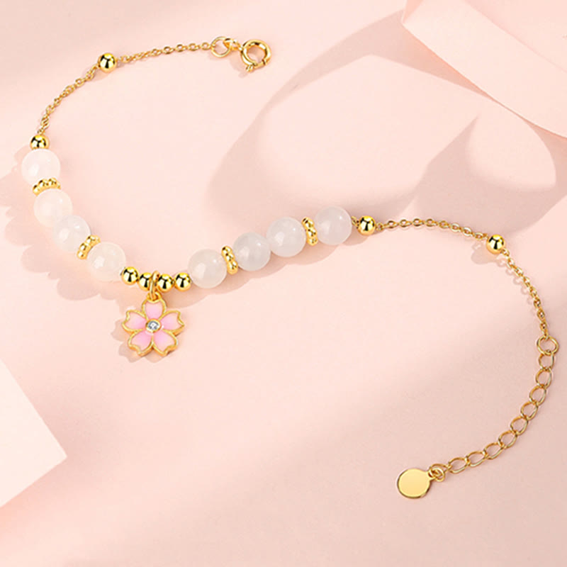 Fortune Jewel 925 Sterling Silver Hetian White Jade Cherry Blossom Protection Bracelet