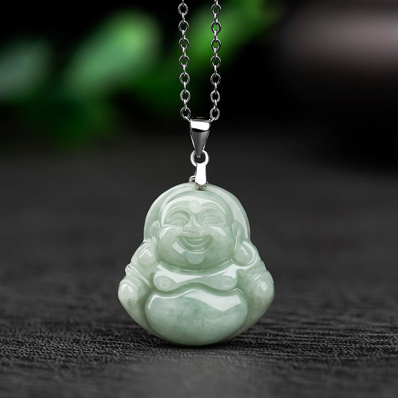 Fortune Jewel Laughing Buddha Jade Blessing Titanium Steel Chain Necklace Pendant Fortune Jewel
