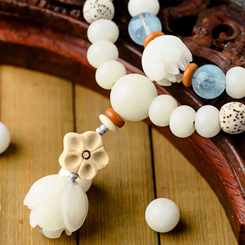 Fortune Jewel Tibetan White Jade Bodhi Lotus Blessing Bracelet Fortune Jewel