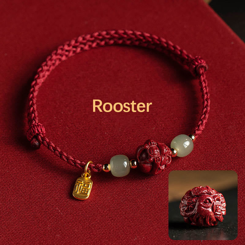 Fortune Jewel Natural Cinnabar Chinese Zodiac Hetian Jade Fu Character Luck Rope Bracelet