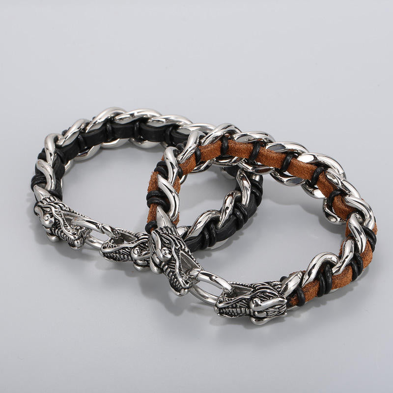 Fortune Jewel Dragon Leather Titanium Steel Protection Luck Braided Bracelet Fortune Jewel