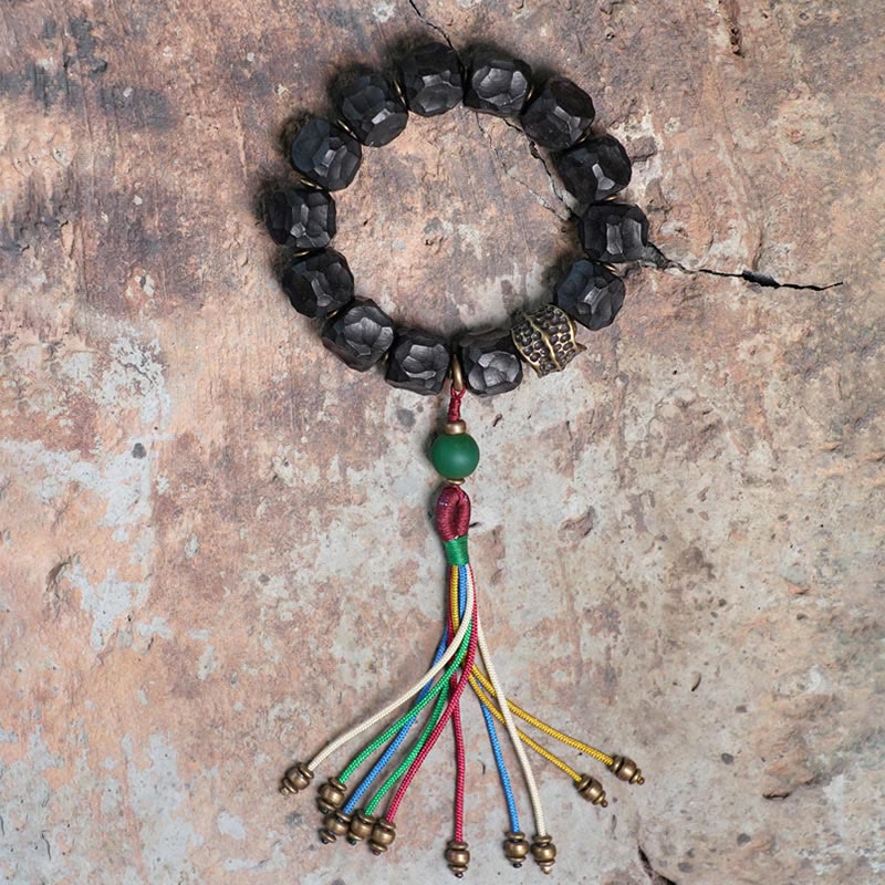 Fortune Jewel Tibet Ebony Wood Copper Peace Tassel Wrist Mala Bracelet