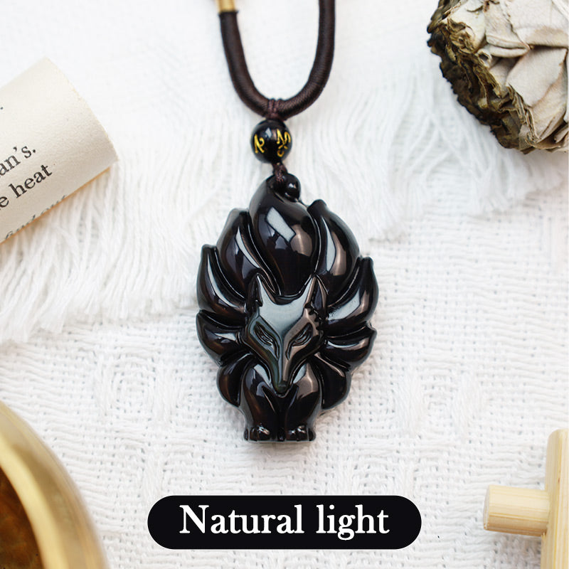 Fortune Jewel Natural Rainbow Obsidian Gold Sheen Obsidian Nine Tailed Fox Positive Necklace Pendant