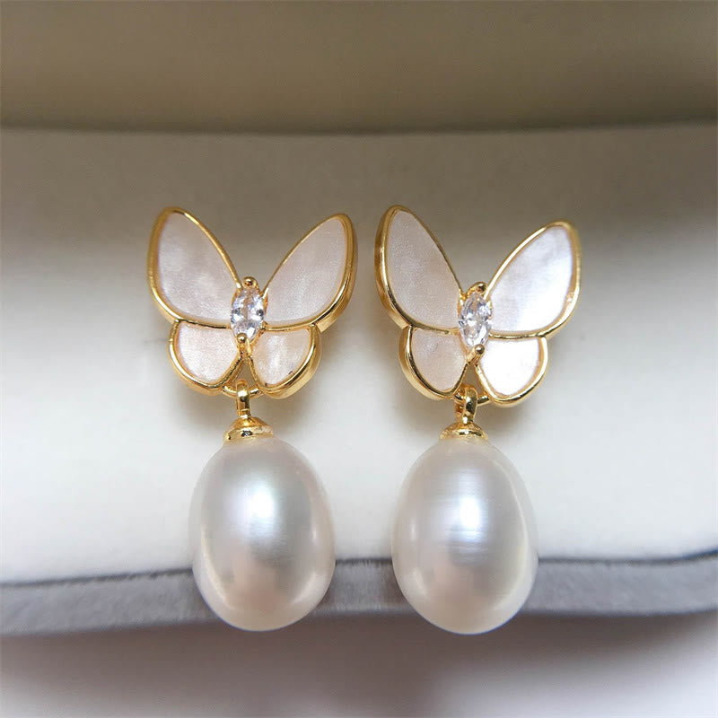 Fortune Jewel 925 Sterling Silver Posts 18K Gold Plated Copper Pearl Butterfly Optimism Stud Earrings