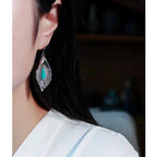 Fortune Jewel 925 Sterling Silver Turquoise Bodhi Leaf Pattern Protection Drop Dangle Earrings